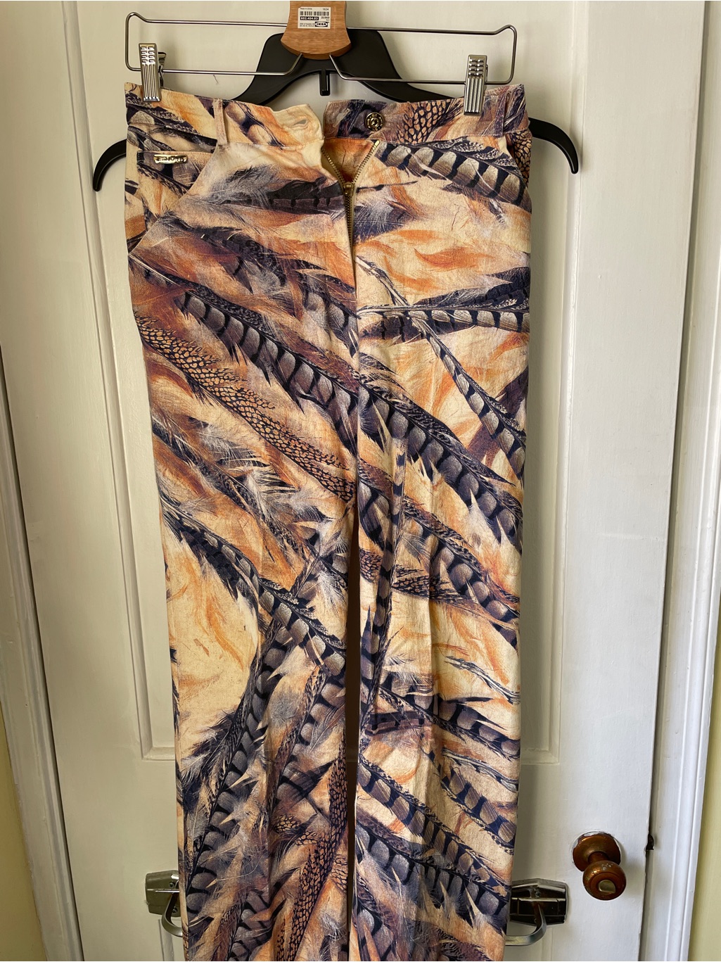 St. John Printed Wide-Leg Pants In Tan And Navy And Feathers